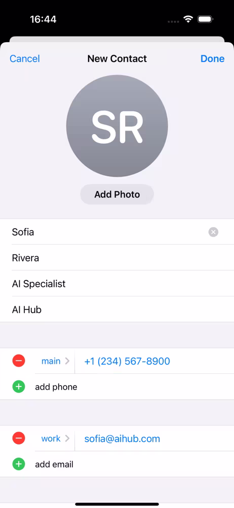 New contact created from a scanned business card