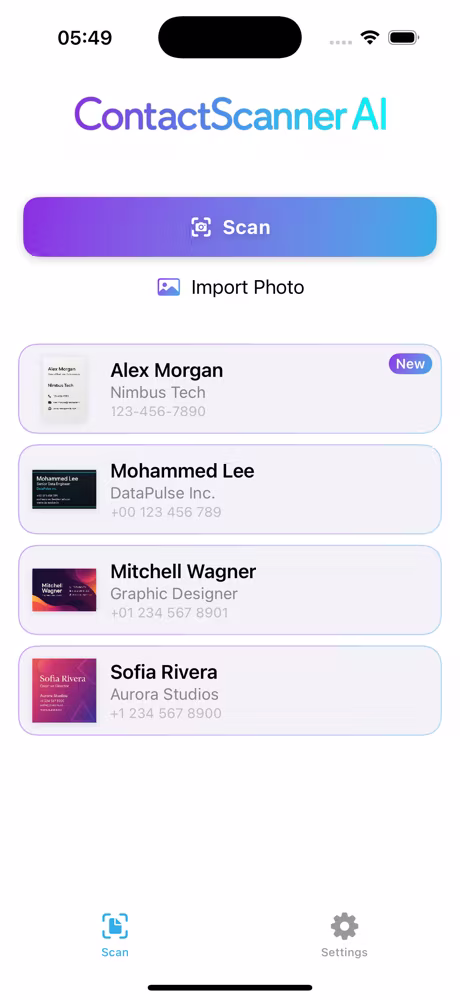 ContactScanner AI – AI business card scanner app extracting contacts on iPhone